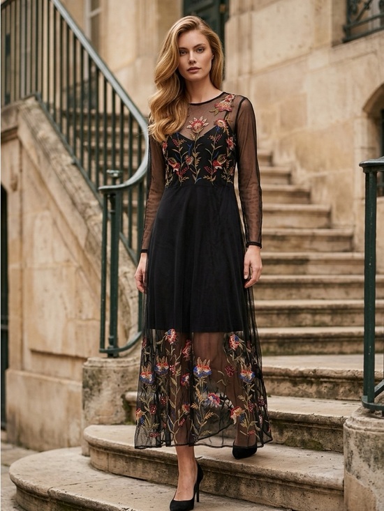 Zara Dresses & Skirts - Elegant Black Mesh Midi Dress with Floral Embroidery